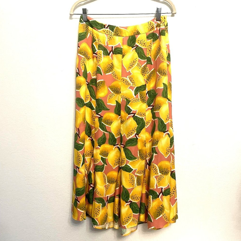 Farm Rio Yellow Pink & Green Fresh Lemons Print Midi Skirt Size Medium